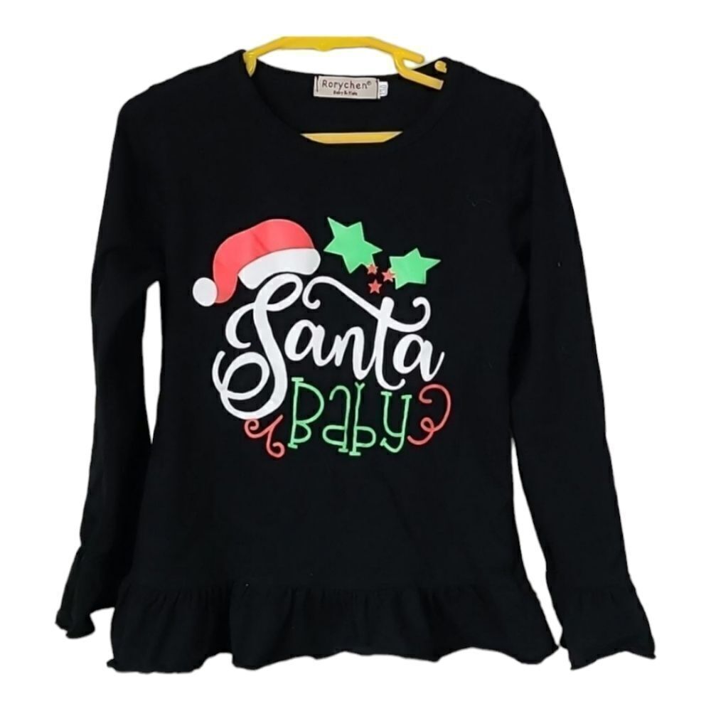 Santa Baby Black Ruffled Sleeve Holiday T-Shirt 130 cm (7/8) Girls Graphic Tee